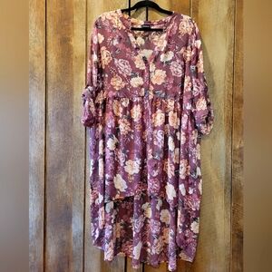 🌸✨ Torrid Sheer High-Low Tunic - Size 3X - Purple & Pink Floral, Bohemian Style